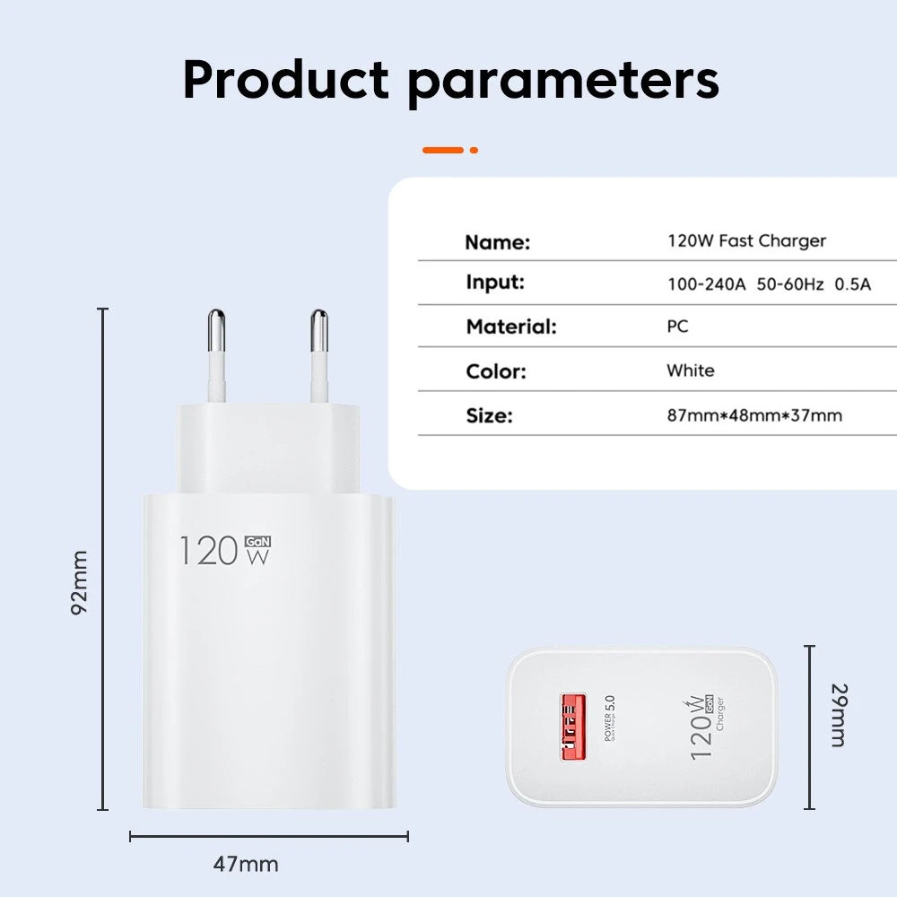 GAN 120W USB Charger Fast Charging Type C Cable Mobile Phone Chargers For Huawei Samsung Xiaomi 12 Quick Charge 5.0 USB C Cable