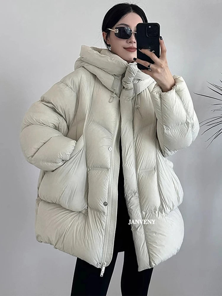Janveny 2025 New Winter Thickened Puffer Down Jacket Women Warm Hooded Medium Length Loose Solid Color 90% White Duck Down Coat