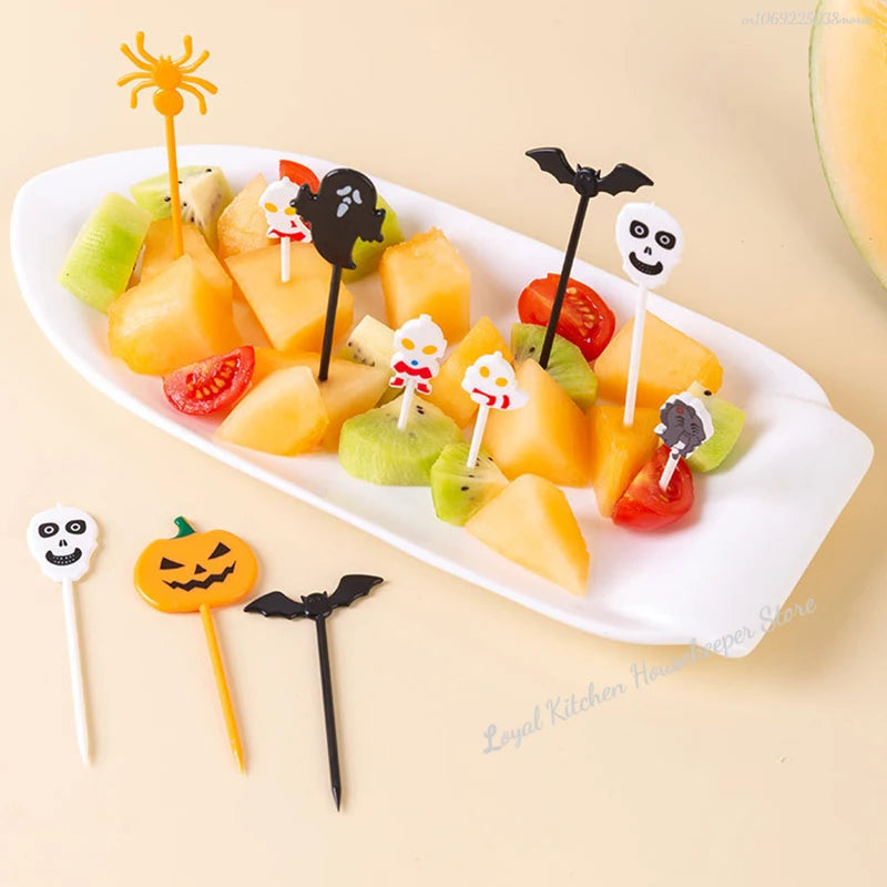 10pcs Halloween Fruit Fork Cartoon Children Cake Dessert Pick Toothpick Lunch Pick Food Fork Bento Party Decoration Random Style