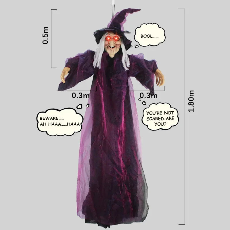 Halloween Life Size Talking Witch Outdoor Purple Spooky Animatronic Witch Decor Prop Halloween Decoration Red Eye Animated Witch
