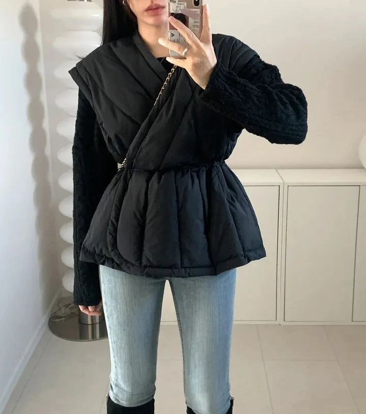 Korean Style Cross V-neck Drawstring Sleeveless Cotton Jacket for Women Solid Color Autumn Winter Vest Padded Coat Female