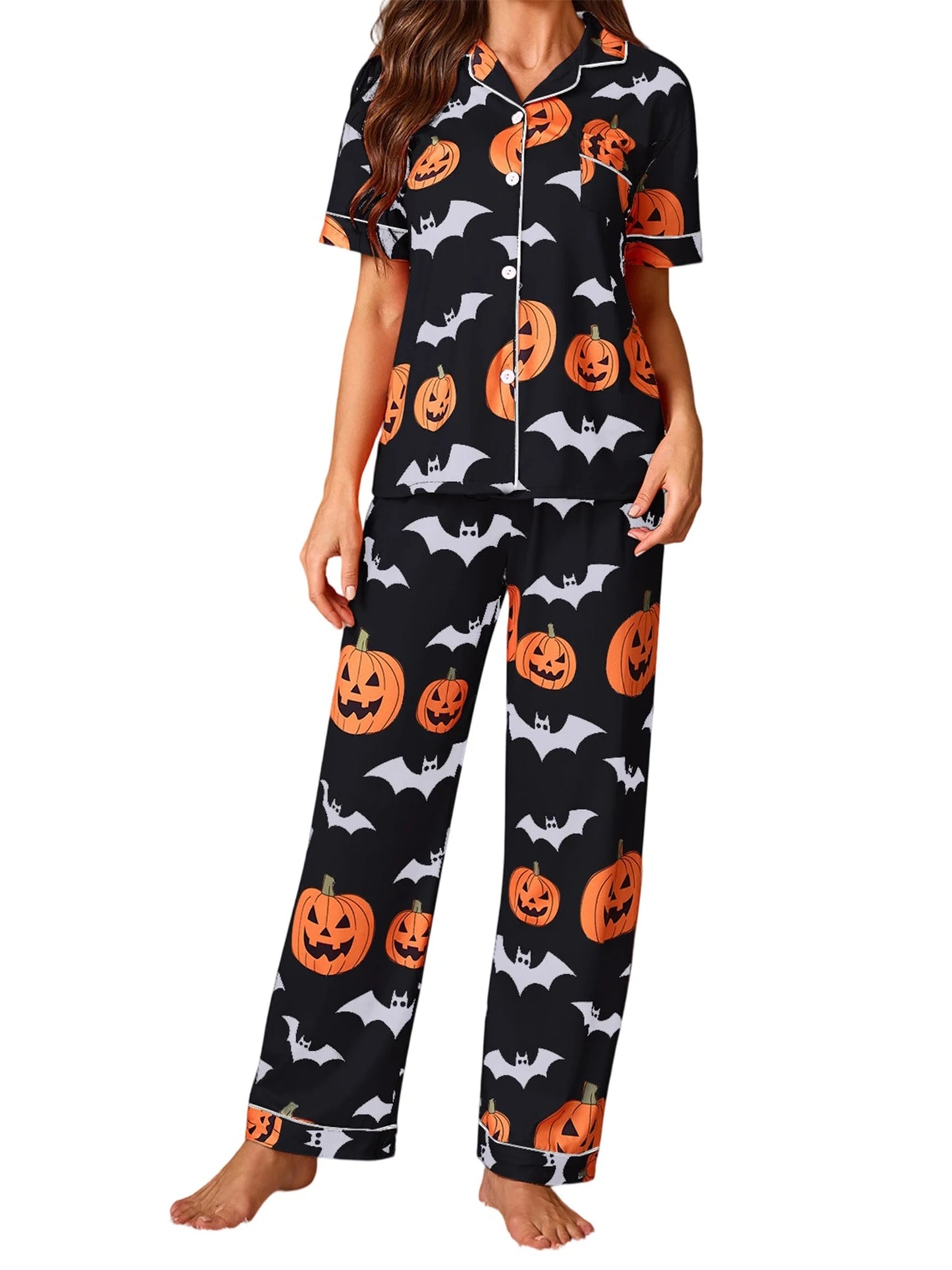 Women Halloween Pajama Set, Pumpkin Bat Print Short Sleeve Button Closure Shirt with Pants Sleepwear Loungewear