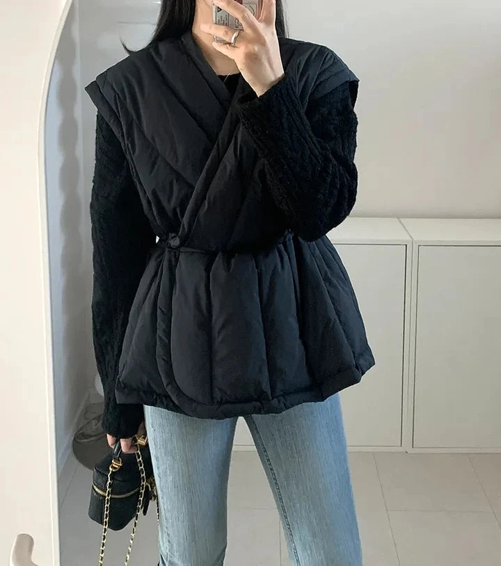 Korean Style Cross V-neck Drawstring Sleeveless Cotton Jacket for Women Solid Color Autumn Winter Vest Padded Coat Female