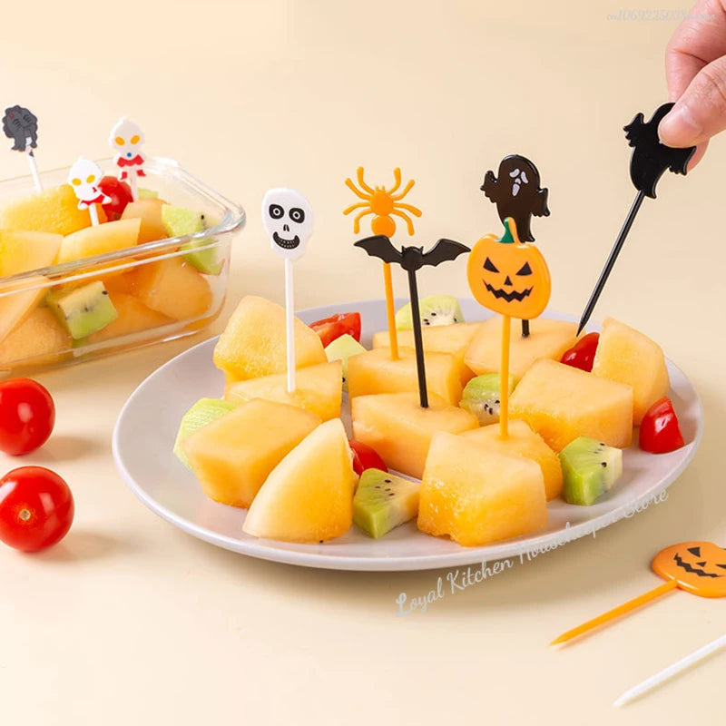 10pcs Halloween Fruit Fork Cartoon Children Cake Dessert Pick Toothpick Lunch Pick Food Fork Bento Party Decoration Random Style