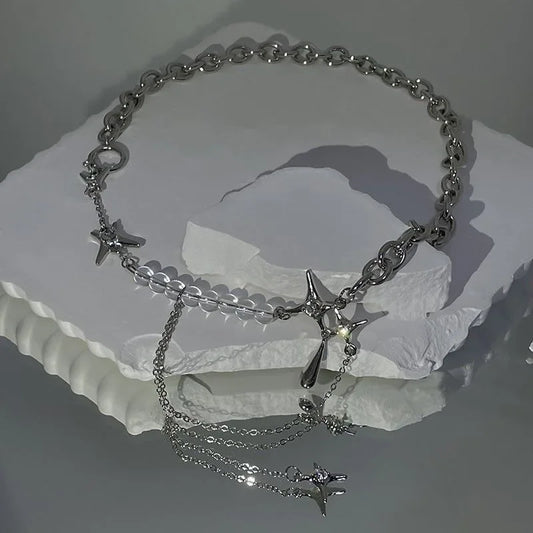 Silver Color Stars Water Drop Chains Transparent Beaded Pendant Necklaces for Women Personality Design Fashion Jewelry Wholesale