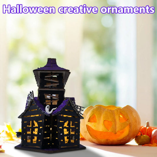 Halloween Haunted House DIY Kit, Creepy Home Decor Tabletop Ornament Wood Castle for Entrance Indoor Shelf Bedroom Living Room