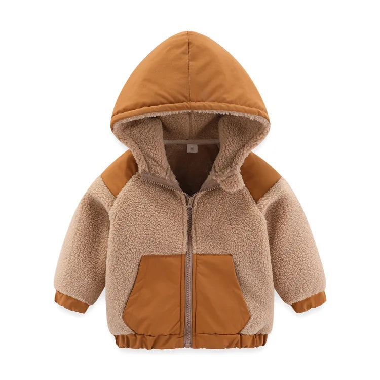 2024 Autumn/Winter New Thickened Cotton Coat Lamb Fleece Warm Hooded Color Block Coat 2-7 Year Old Outdoor Childrens Coat