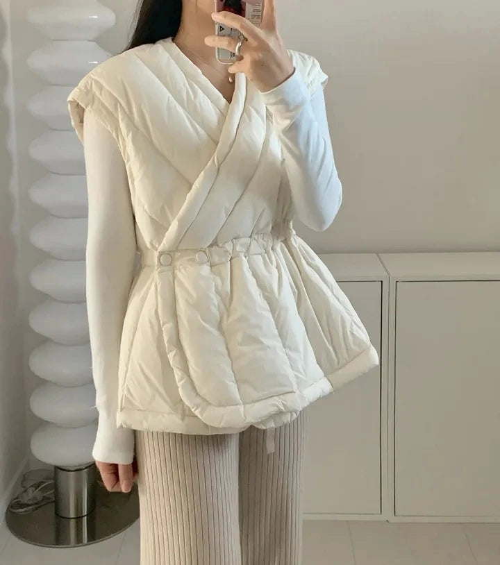 Korean Style Cross V-neck Drawstring Sleeveless Cotton Jacket for Women Solid Color Autumn Winter Vest Padded Coat Female