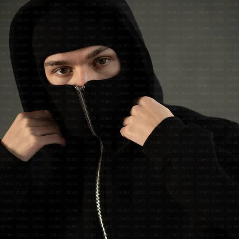 Y2K Hooded Face Mask Zipper Design Sports Jacket Balaclava Men Zip Hoodie Warm Casual Jacket Sweatshirt Outdoor Coat Clothing