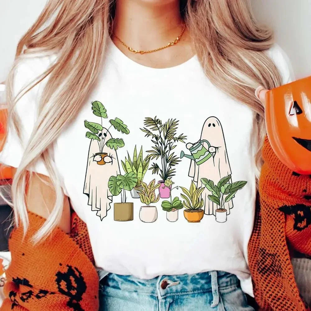 Funny Ghost Plant Halloween Plant Lover Printed Pattern Fashion Halloween Summer O-Neck T-Shirt Women's Casual Style T-Shirt