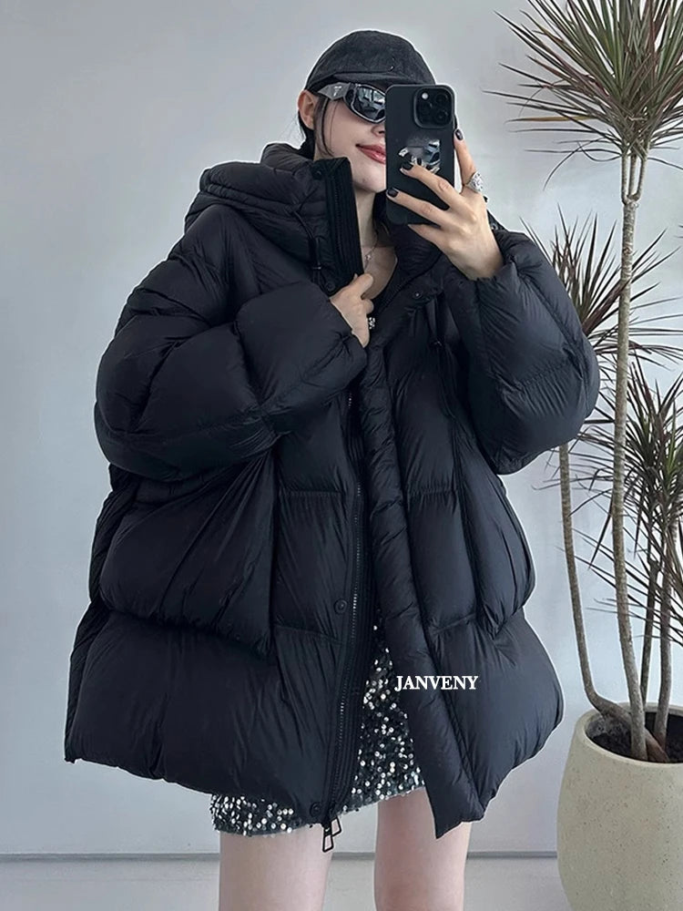 Janveny 2025 New Winter Thickened Puffer Down Jacket Women Warm Hooded Medium Length Loose Solid Color 90% White Duck Down Coat