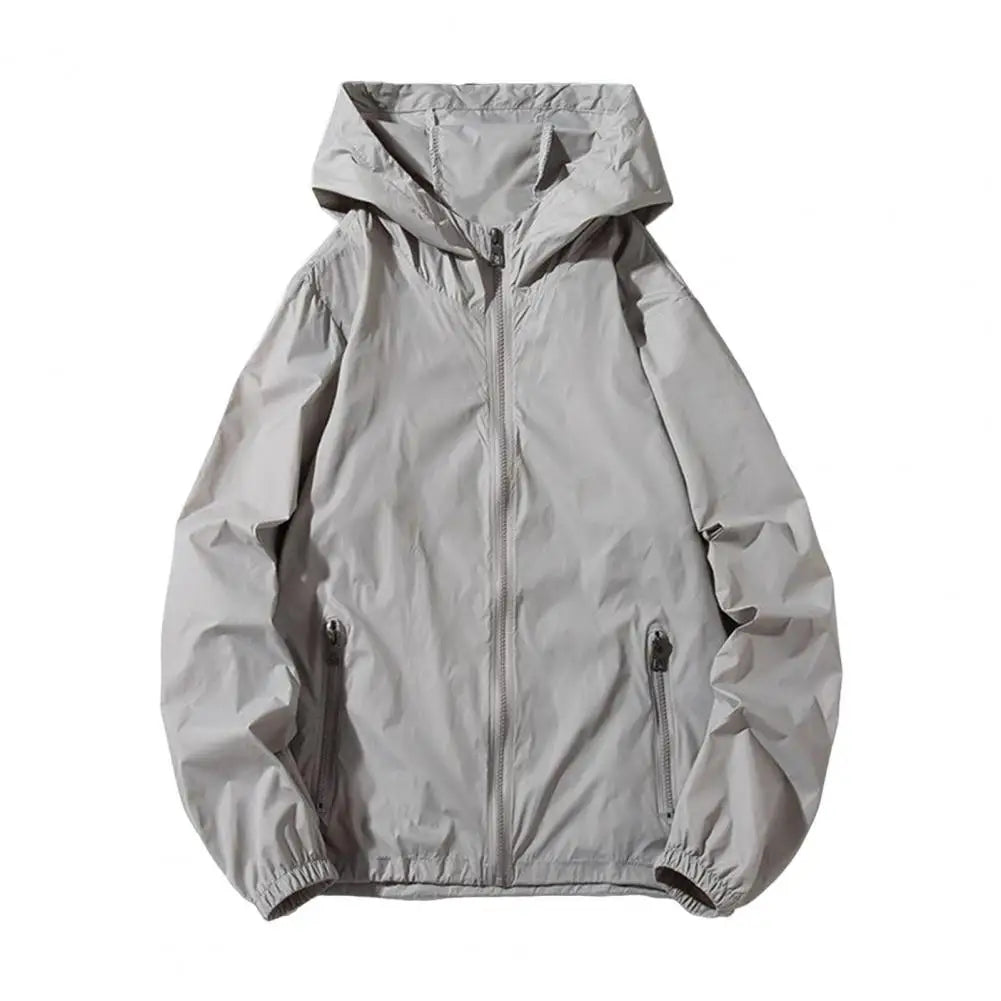 Summer Men Sun Protection Coat Anti-UV Hooded Long Sleeve Zipper Placket Men Jacket Solid Color Pockets Ice Silk Male Sun Coat