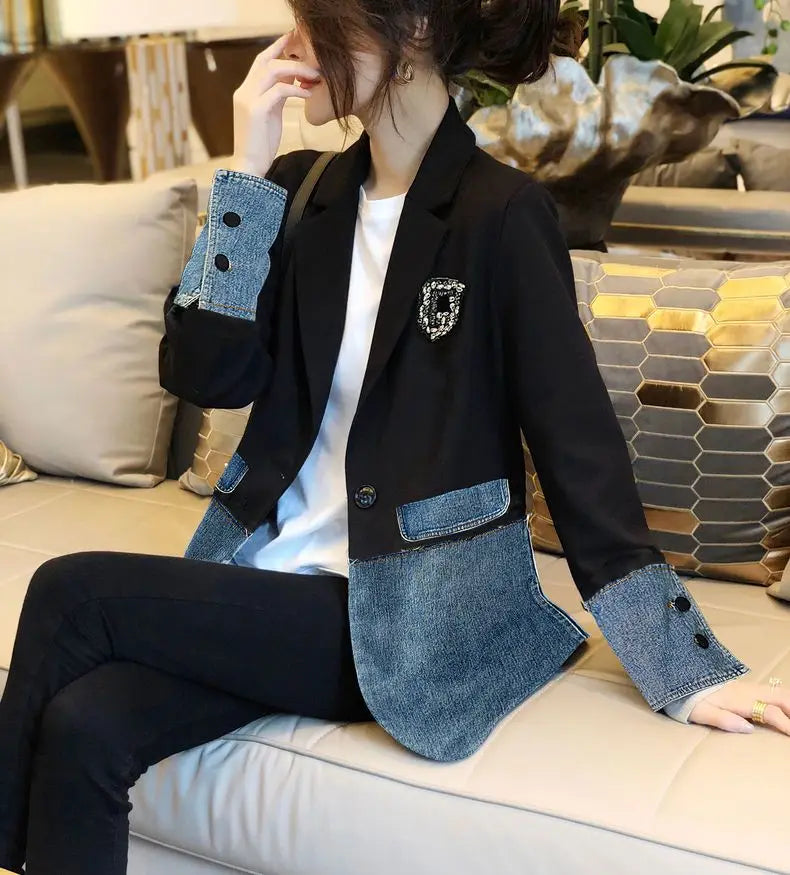 Autumn Winter Casual Fashion Denim Patchwork Blazers Ladies Harajuku Y2K Embroidery All-match Coat Women's Jacket Outwear Top