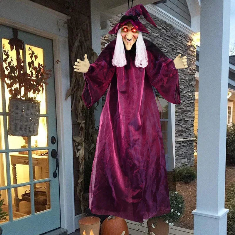 Halloween Life Size Talking Witch Outdoor Purple Spooky Animatronic Witch Decor Prop Halloween Decoration Red Eye Animated Witch