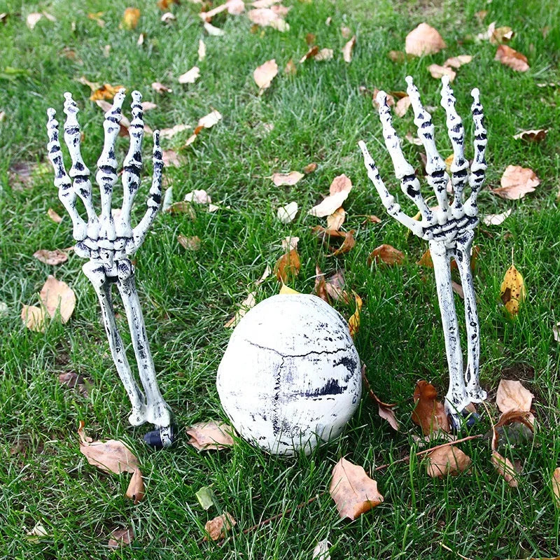 Halloween Realistic Skull Skeleton Head Human Hand Arms for Halloween Party Home Garden Lawn Decor Haunted House Horror Props