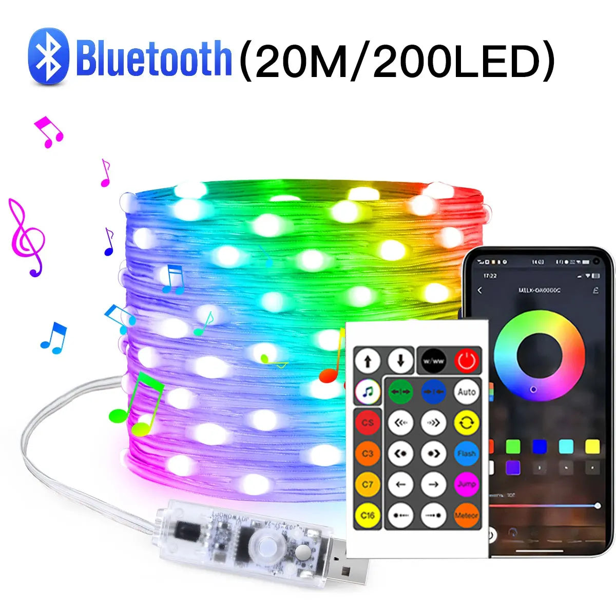 WS2812B Bluetooth LED String Lights USB 5V Dreamcolor RGBIC Addressable Party Christmas Lights Wedding Decoration Fairy Garland
