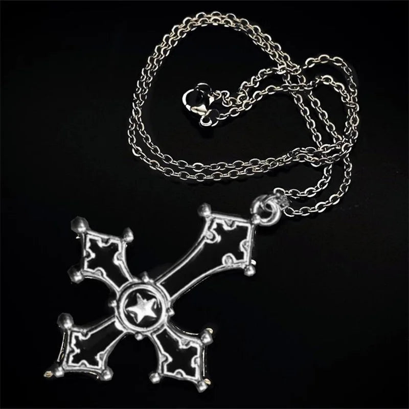 Gothic Punk Hip-pop Cosplay Necklace Unisex Blood Red Chain Alloy Choker Cross Pendant Jewelry Halloween Accessory Prop Gift