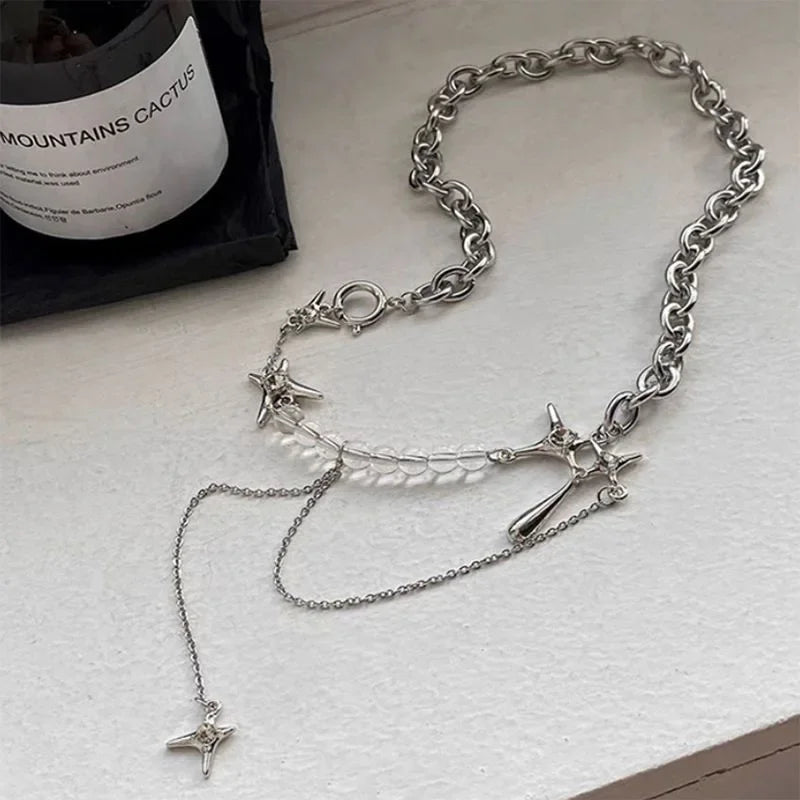 Silver Color Stars Water Drop Chains Transparent Beaded Pendant Necklaces for Women Personality Design Fashion Jewelry Wholesale