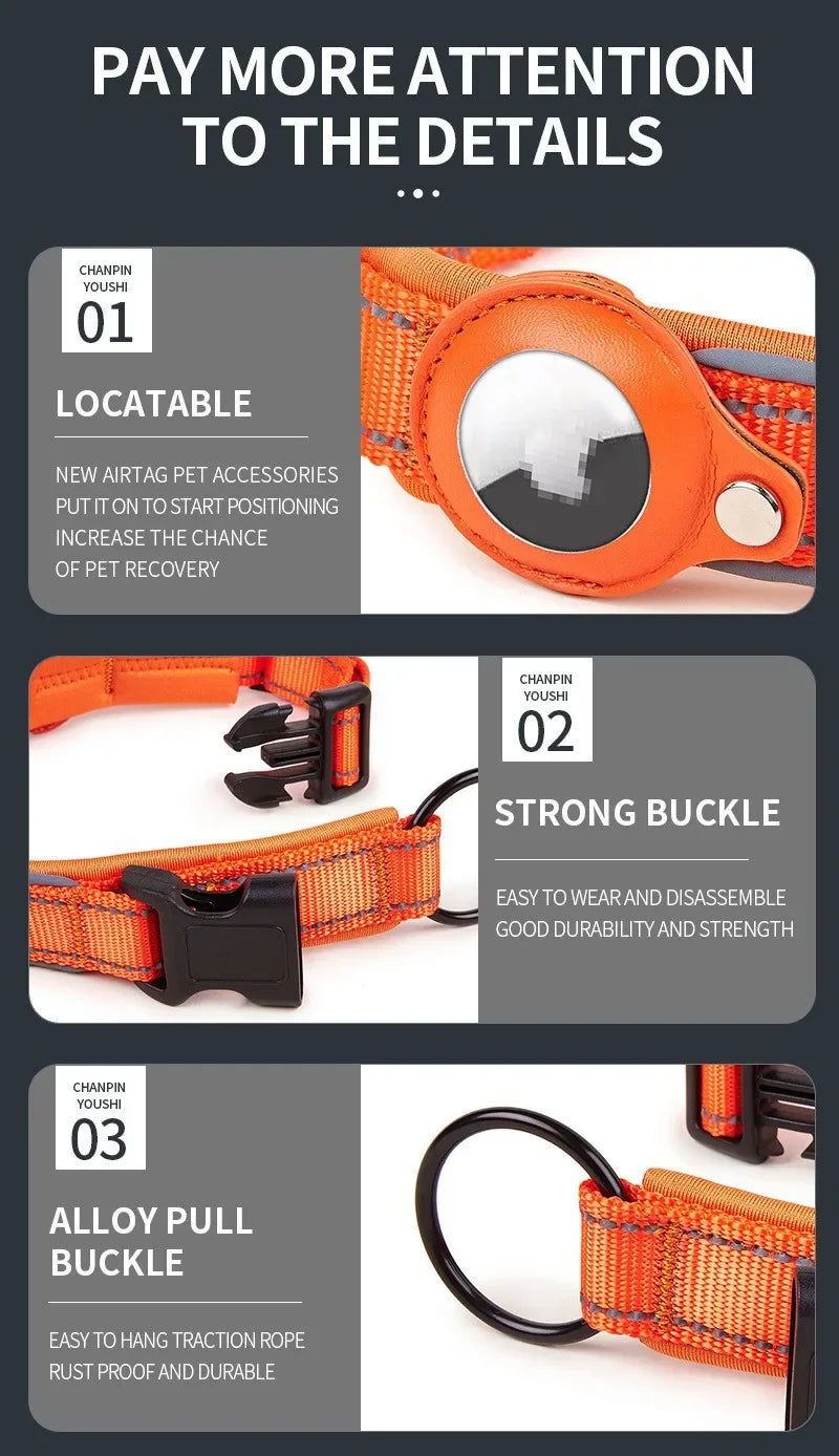AirTag Dog Collar Reflective Dog Collar Padded Dog Collars AirTag Holder Case Adjustable Pet Collar for Small Medium Large Dogs