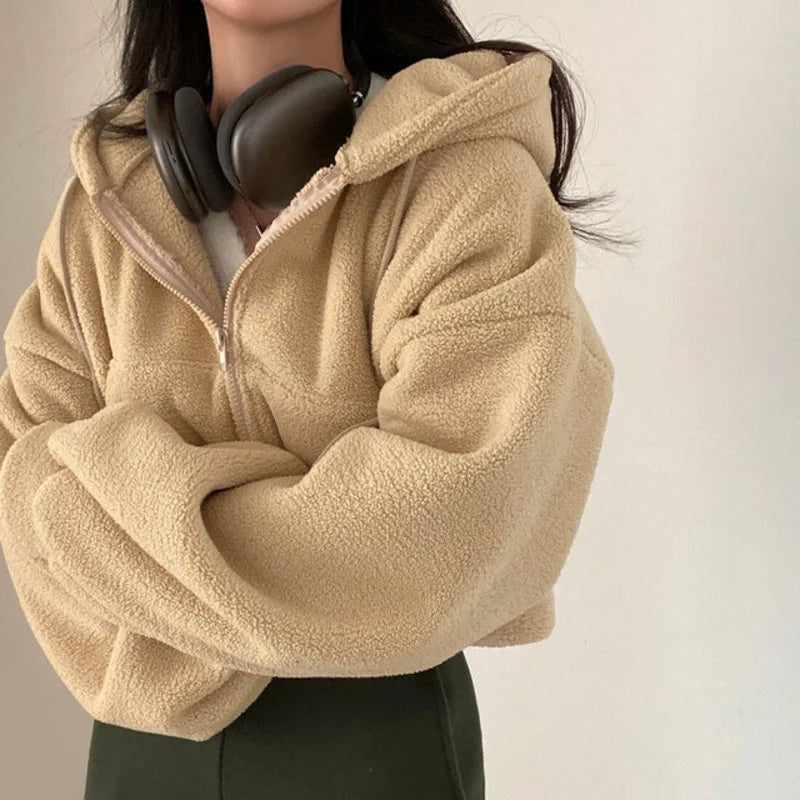 Solid Lamb Wool Thick Sweatshirts Outerwear Y2k Short Zip-Up Hooded Sweatshirt Women Fleece Sudaderas Casual High Waist Hoodies