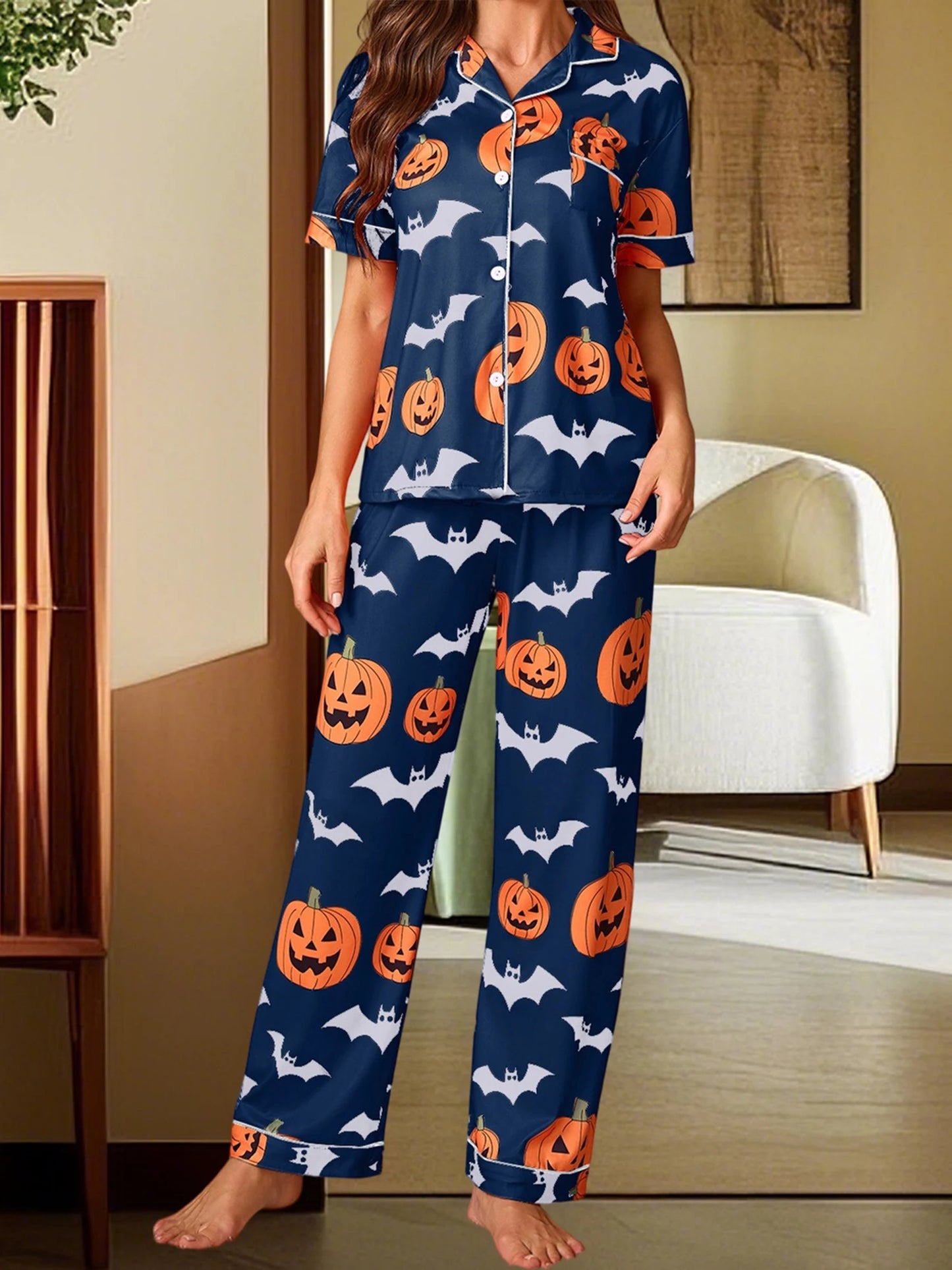 Women Halloween Pajama Set, Pumpkin Bat Print Short Sleeve Button Closure Shirt with Pants Sleepwear Loungewear