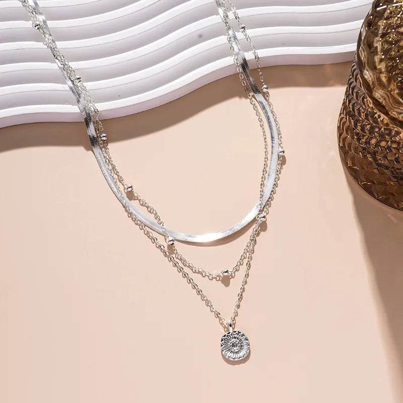 Silver Color Multi-layer Flowers Pendant Necklace for Women Exquisite Three-Layer Sweater Chain Jewelry for Gifts
