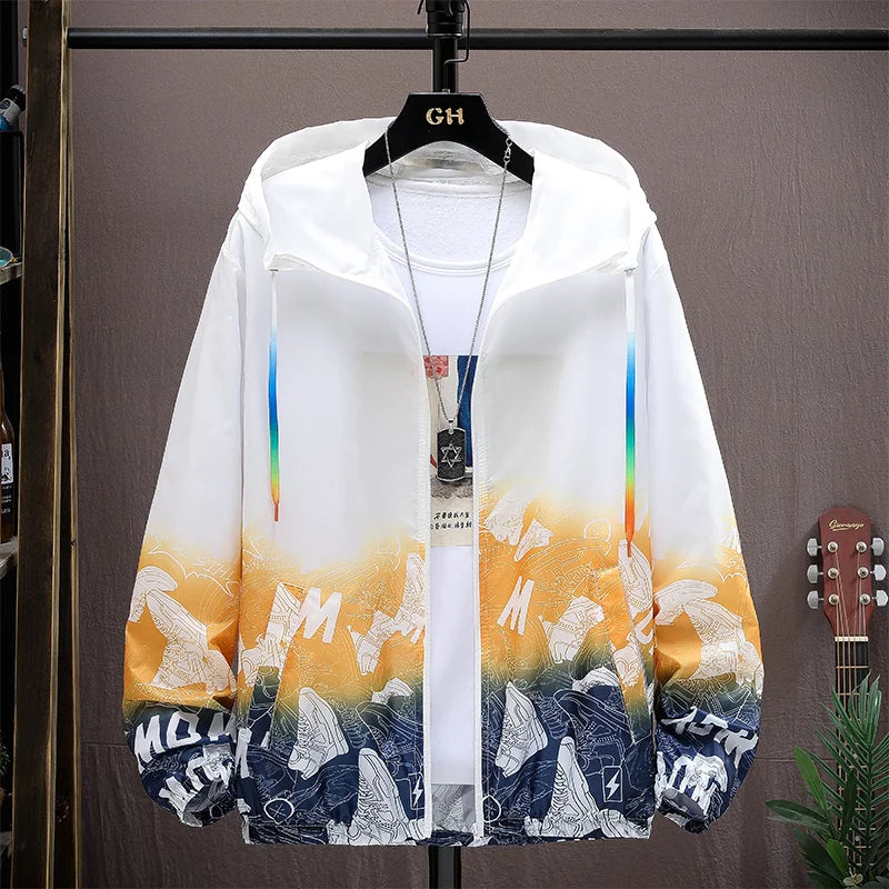 Summer Skin Coats Men Ultra Light UV Sun Protection Big Size Hooded Windbreaker Jacket Men printing Casual Outwear
