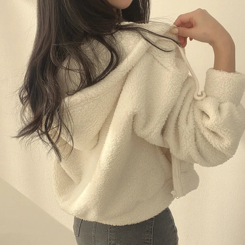 Solid Lamb Wool Thick Sweatshirts Outerwear Y2k Short Zip-Up Hooded Sweatshirt Women Fleece Sudaderas Casual High Waist Hoodies