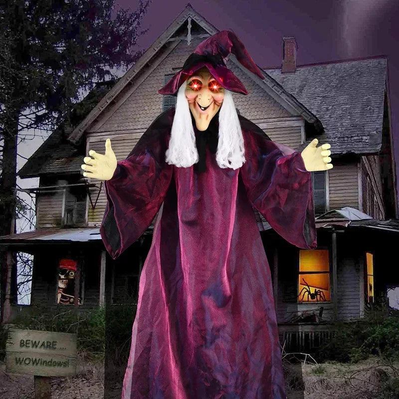 Halloween Life Size Talking Witch Outdoor Purple Spooky Animatronic Witch Decor Prop Halloween Decoration Red Eye Animated Witch