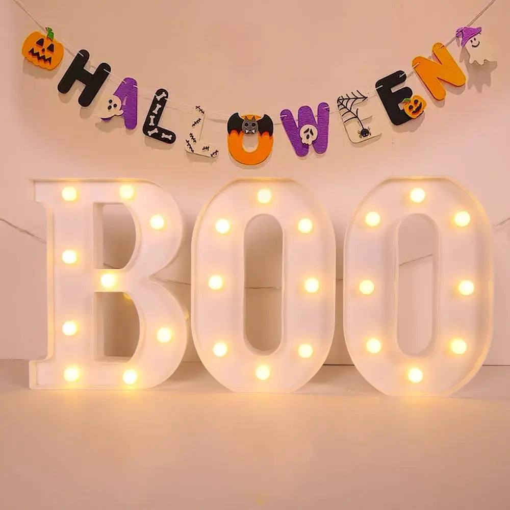 Halloween Decorations Indoor-3 LED Marquee Light Up Letters Black Boo Sign Letter Lights for Home Indoor Kitchen Fireplace Party