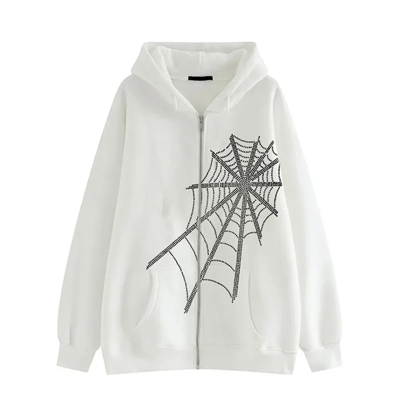 Full Zip Up Hooded Tops Sequin Loose Baggy Female Clothes with Zipper Glitter Spider Rhinestone Sweatshirts for Women Coat Trend