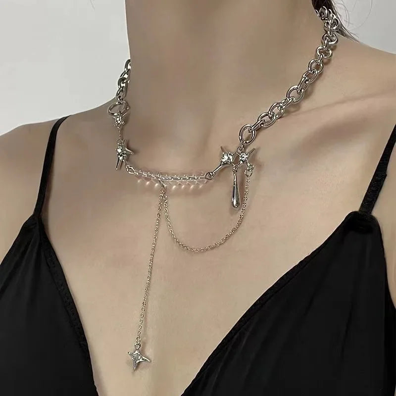 Silver Color Stars Water Drop Chains Transparent Beaded Pendant Necklaces for Women Personality Design Fashion Jewelry Wholesale