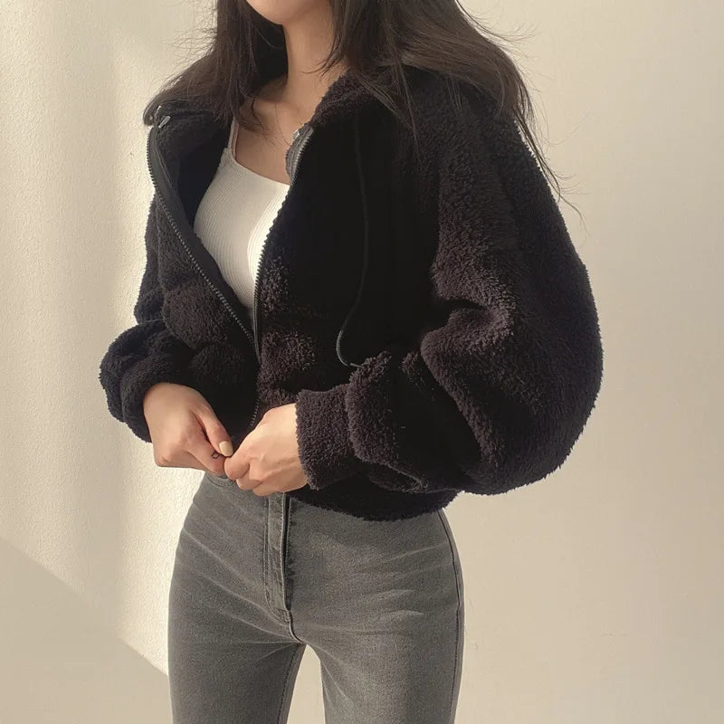 Solid Lamb Wool Thick Sweatshirts Outerwear Y2k Short Zip-Up Hooded Sweatshirt Women Fleece Sudaderas Casual High Waist Hoodies