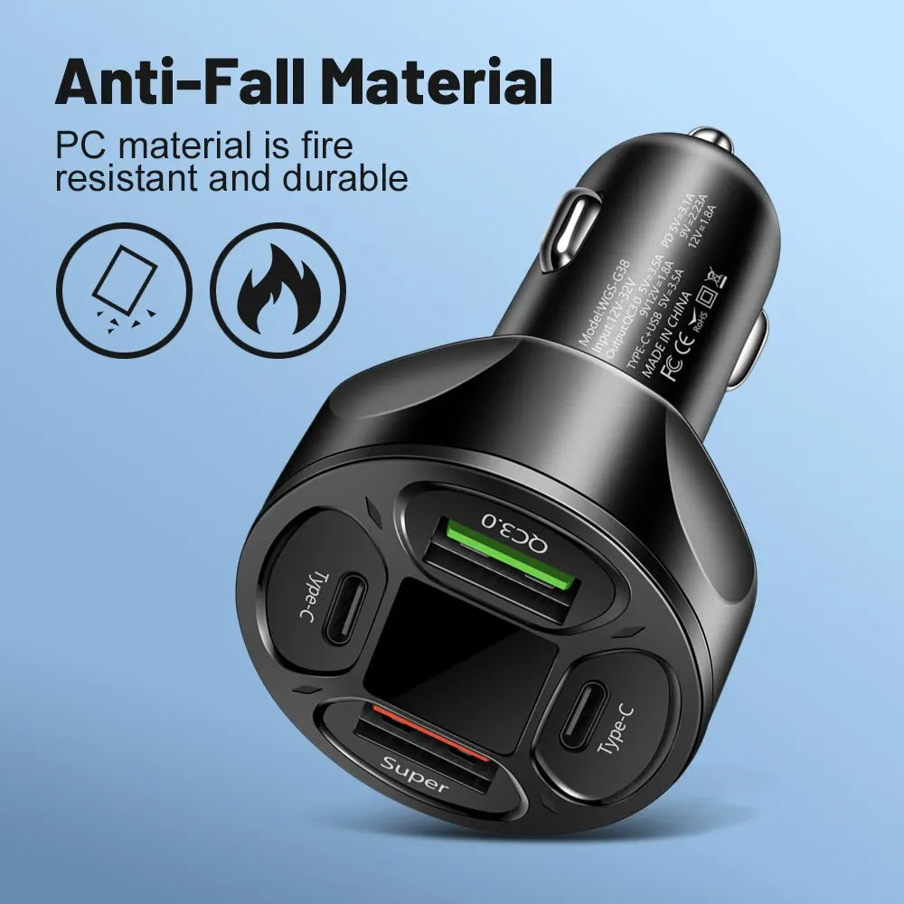 66W 4 Ports USB Car Charger Fast Charging PD Quick Charge 3.0 USB