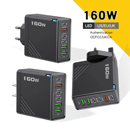 160W USB C Charger Type C PD Mobile Phone Quick Fast Charging Multiple 6 Ports PD Quick Wall Adapter for Iphone 16 Pro Xiaomi 15