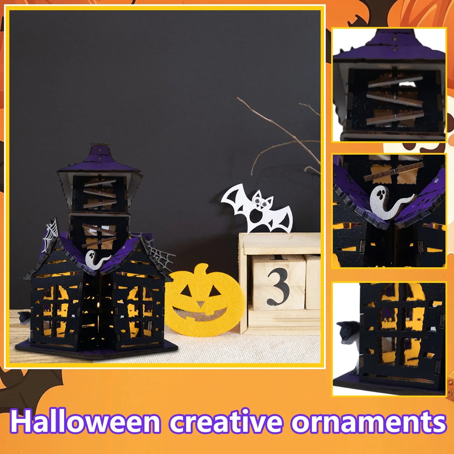 Halloween Haunted House DIY Kit, Creepy Home Decor Tabletop Ornament Wood Castle for Entrance Indoor Shelf Bedroom Living Room