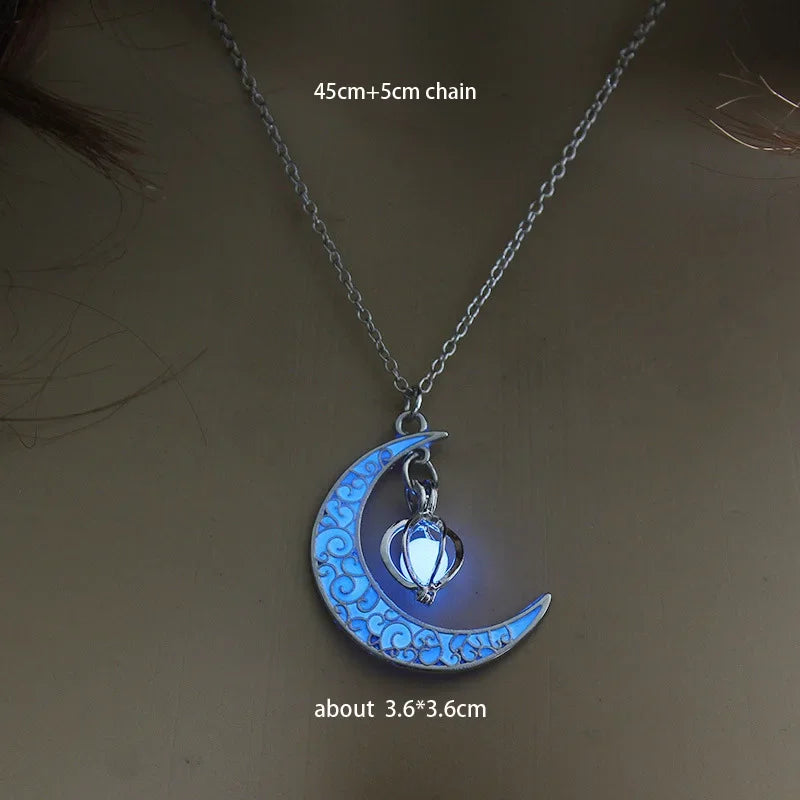 Night Fluorescence Novel Luminous Glowing Hollow Cage Moon Star Planet Pendant Glow In The Dark Necklace for Halloween Gift