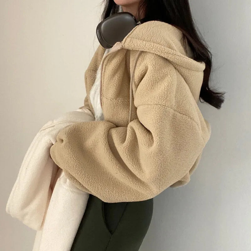 Solid Lamb Wool Thick Sweatshirts Outerwear Y2k Short Zip-Up Hooded Sweatshirt Women Fleece Sudaderas Casual High Waist Hoodies