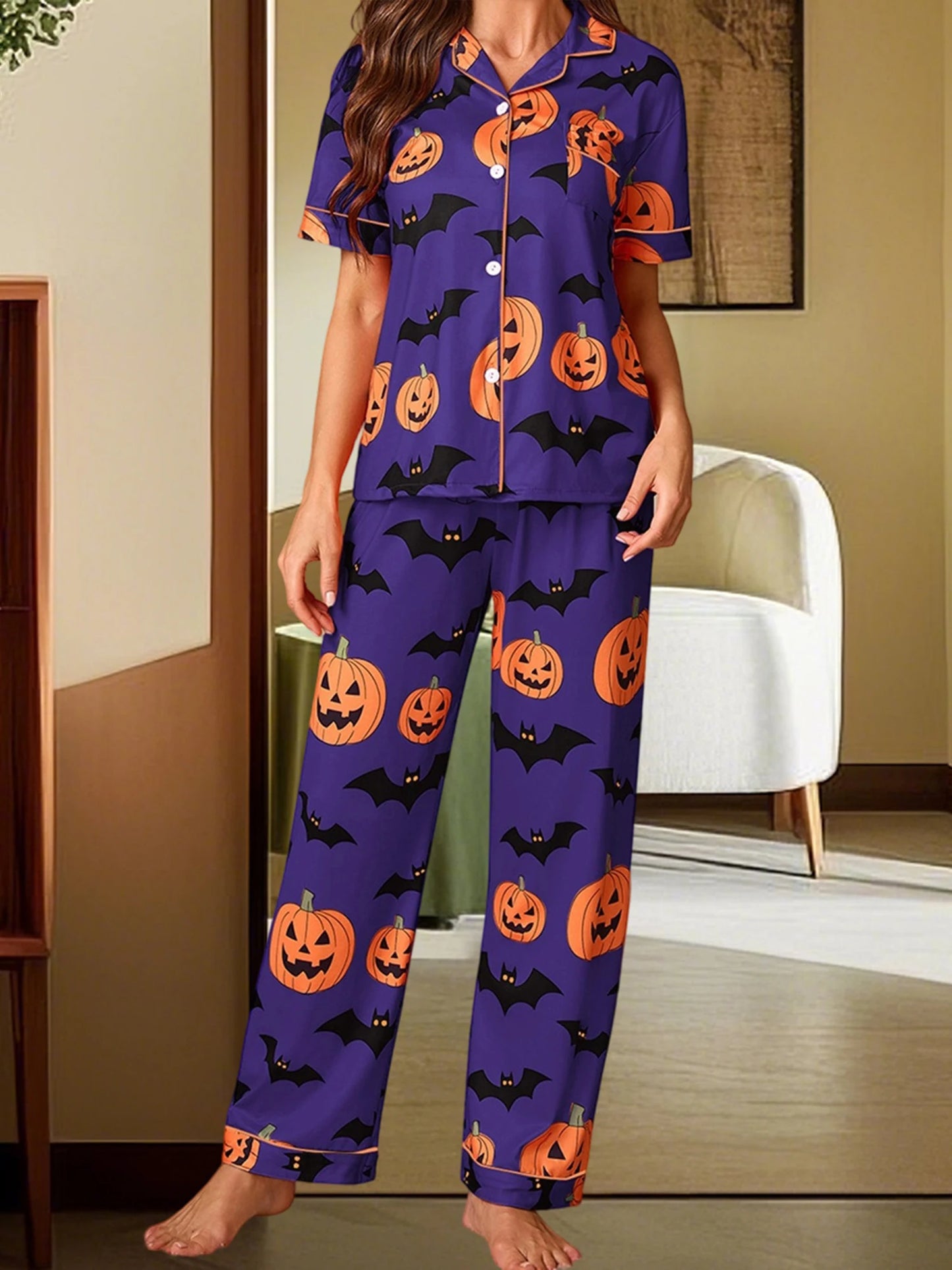 Women Halloween Pajama Set, Pumpkin Bat Print Short Sleeve Button Closure Shirt with Pants Sleepwear Loungewear
