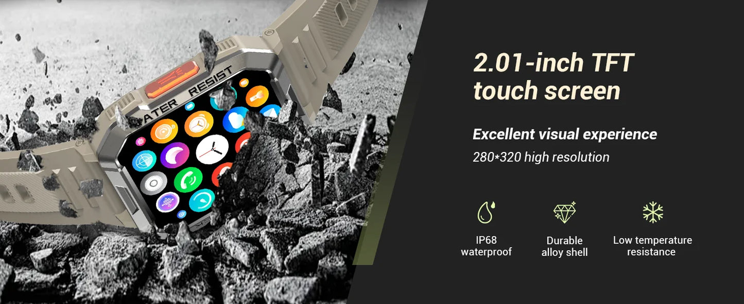 Blackview New Smart Watch 2.01'' HD Display Outdoor Men's Watches with Emergency Lighting Bluetooth Call Waterproof Smartwatch