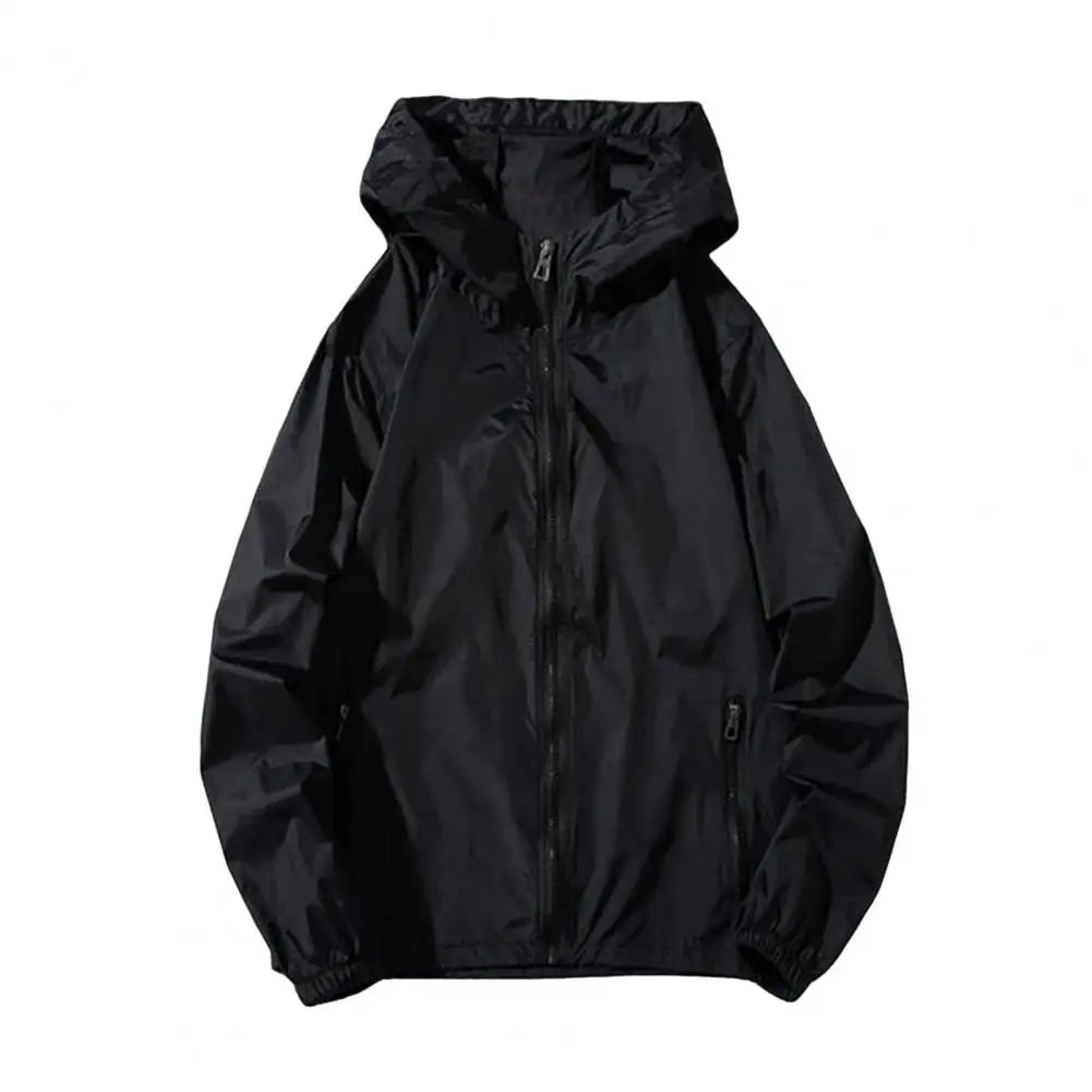 Summer Men Sun Protection Coat Anti-UV Hooded Long Sleeve Zipper Placket Men Jacket Solid Color Pockets Ice Silk Male Sun Coat