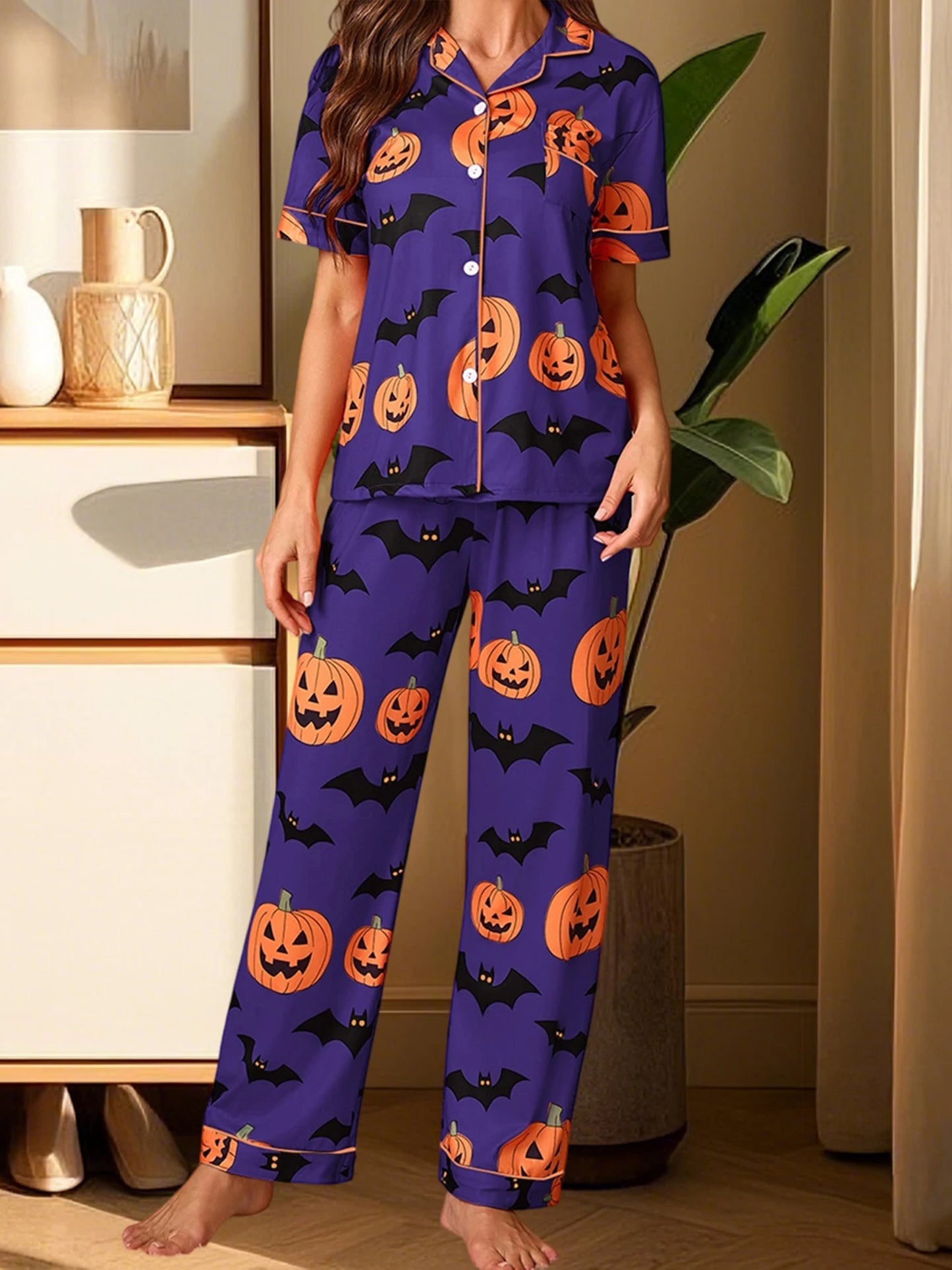Women Halloween Pajama Set, Pumpkin Bat Print Short Sleeve Button Closure Shirt with Pants Sleepwear Loungewear