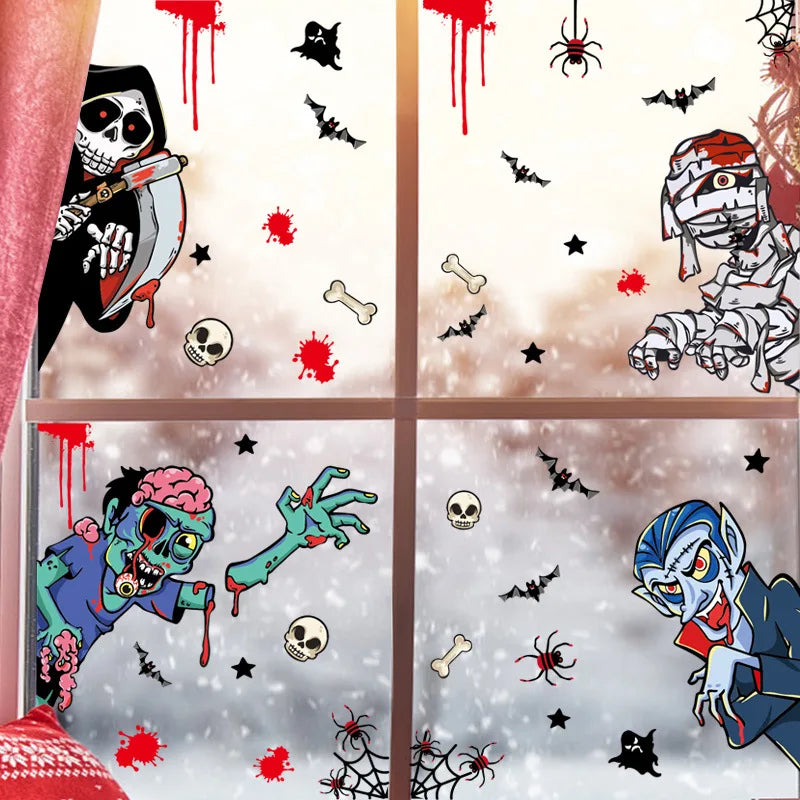 Halloween Glass Showcase Scene Decoration Ghost Zombies Pumpkin Spiders Electrostatic Window Stickers Halloween Party Decoration