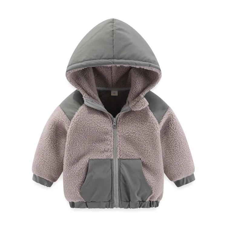 2024 Autumn/Winter New Thickened Cotton Coat Lamb Fleece Warm Hooded Color Block Coat 2-7 Year Old Outdoor Childrens Coat