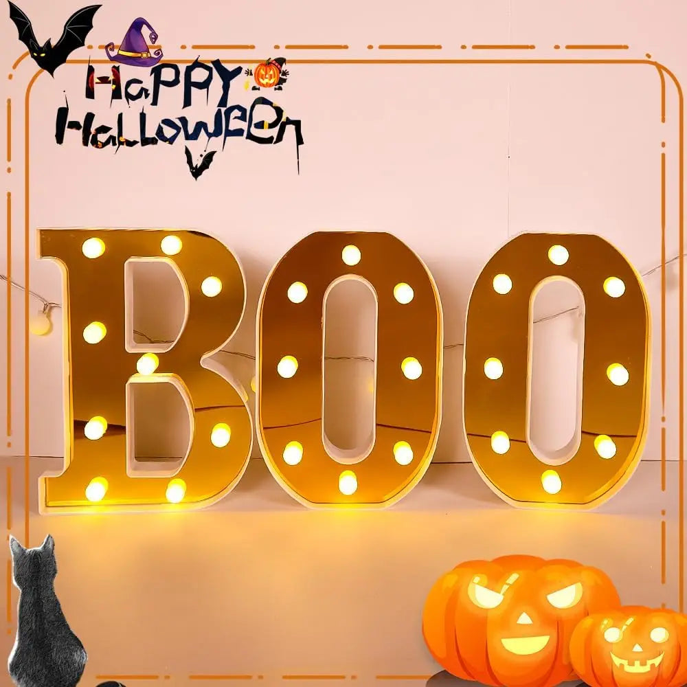 Halloween Decorations Indoor-3 LED Marquee Light Up Letters Black Boo Sign Letter Lights for Home Indoor Kitchen Fireplace Party