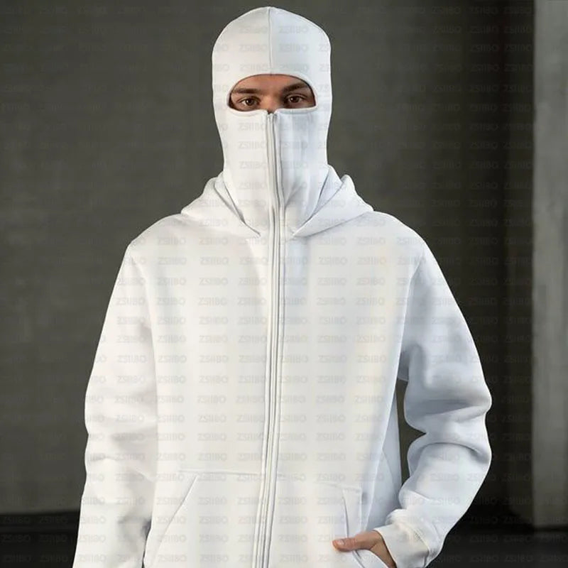 Y2K Hooded Face Mask Zipper Design Sports Jacket Balaclava Men Zip Hoodie Warm Casual Jacket Sweatshirt Outdoor Coat Clothing