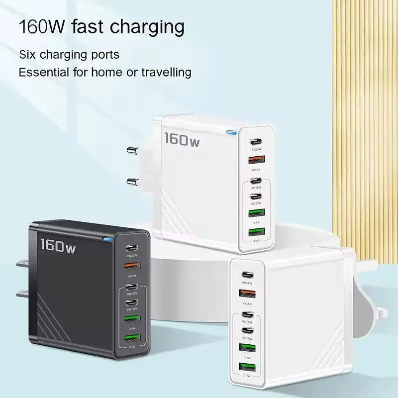 160W USB C Charger Type C PD Mobile Phone Quick Fast Charging Multiple 6 Ports PD Quick Wall Adapter for Iphone 16 Pro Xiaomi 15