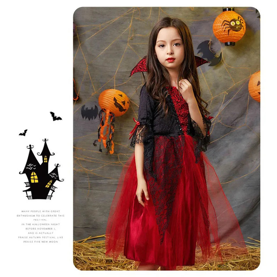 Vampire Costume for Girls Halloween Princess Party Dress Kids Cosplay Dresses Children Stand Collar Tulle Lace Black Red Clothes
