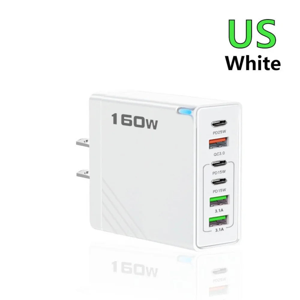 160W USB C Charger Type C PD Mobile Phone Quick Fast Charging Multiple 6 Ports PD Quick Wall Adapter for Iphone 16 Pro Xiaomi 15