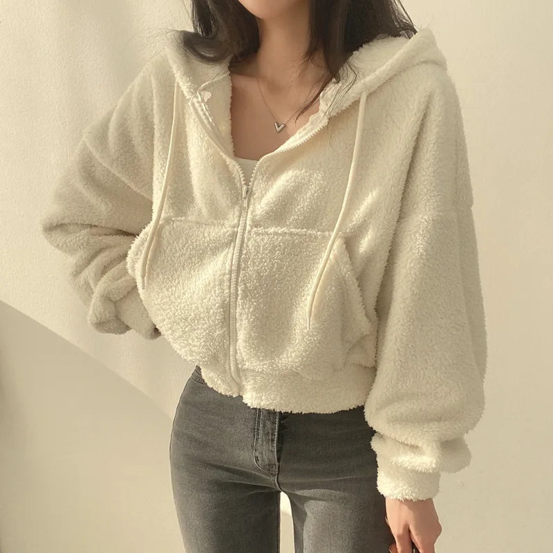 Solid Lamb Wool Thick Sweatshirts Outerwear Y2k Short Zip-Up Hooded Sweatshirt Women Fleece Sudaderas Casual High Waist Hoodies